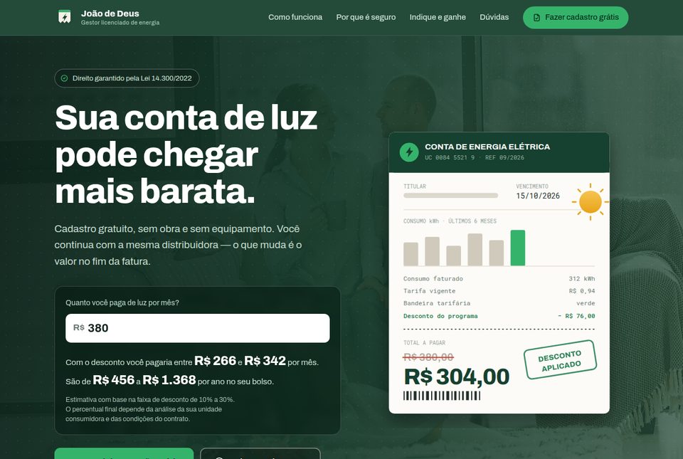 Página inicial do site João de Deus Energia